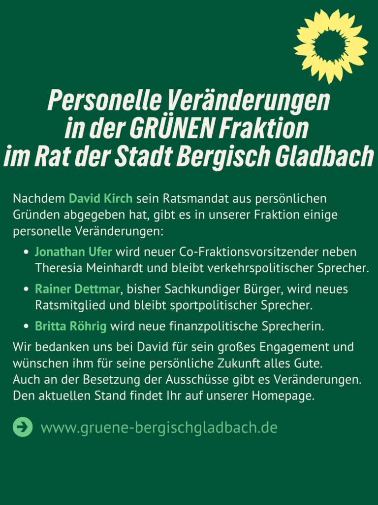Personelle Veränderungen in der Fraktion von B90/Die Grünen Bergisch Gladbach